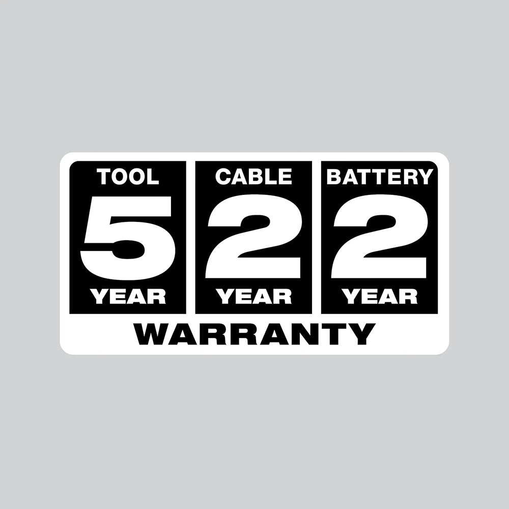 Warranty label with '5 year tool', '2 year cable', and '2 year battery' on a gray background