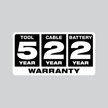 Warranty label with '5 year tool', '2 year cable', and '2 year battery' on a gray background