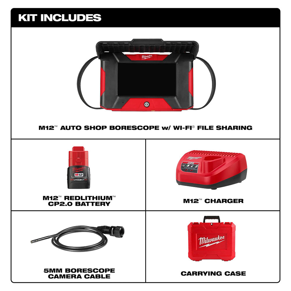 Milwaukee tool kit with borescope, battery, charger, cable, and carrying case on a white background.