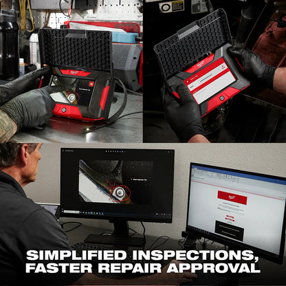Collage of a diagnostic tool, computer screens, and a person working in a workshop with text 'Simplified Inspections, Faster Repair Approval'.