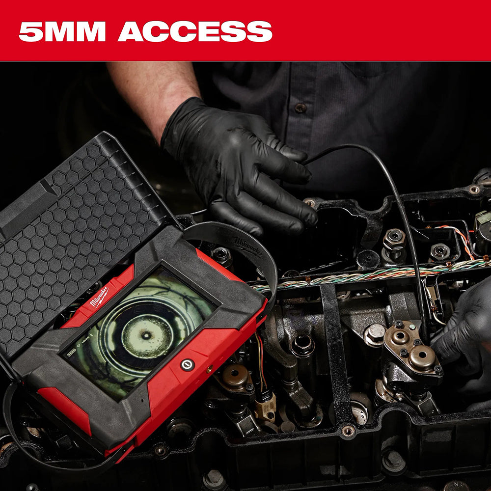 Person using a diagnostic tool on car engine with '5MM ACCESS' text at the top.