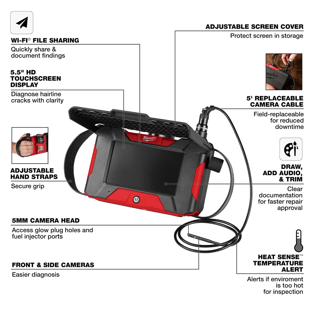 Red and black diagnostic tool with features highlighted on a white background