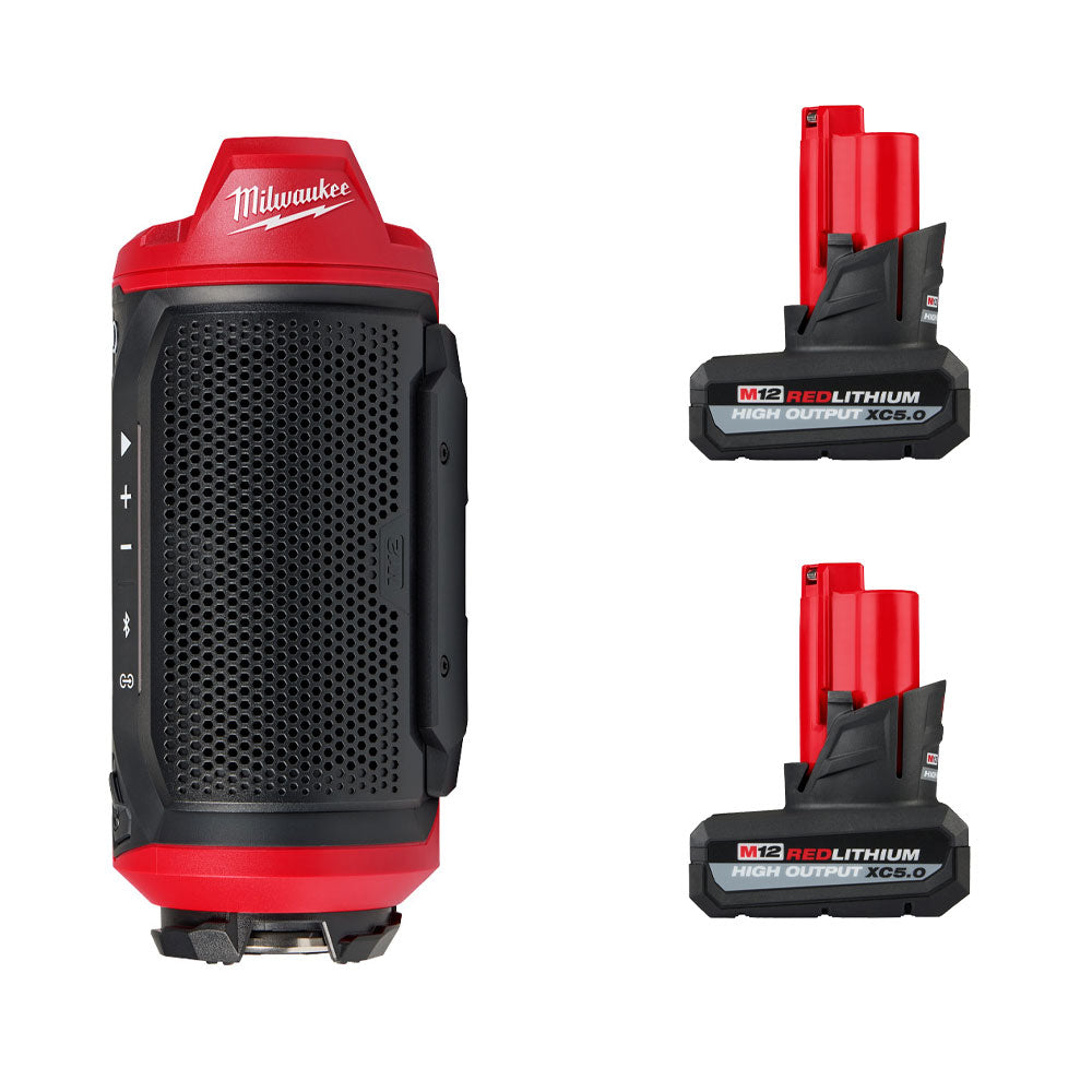 M12™ Bluetooth® Jobsite Speaker w/ PACKOUT™ Compatibility & (2) M12™ REDLITHIUM™ HIGH OUTPUT™ XC5.0 Battery Pack Bundle