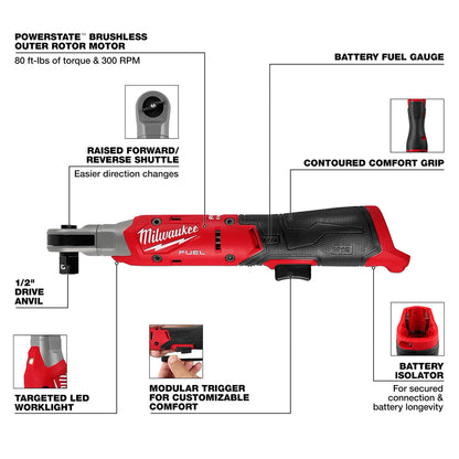 M12 FUEL™ 1/2" Ratchet with labeled features on a white background
