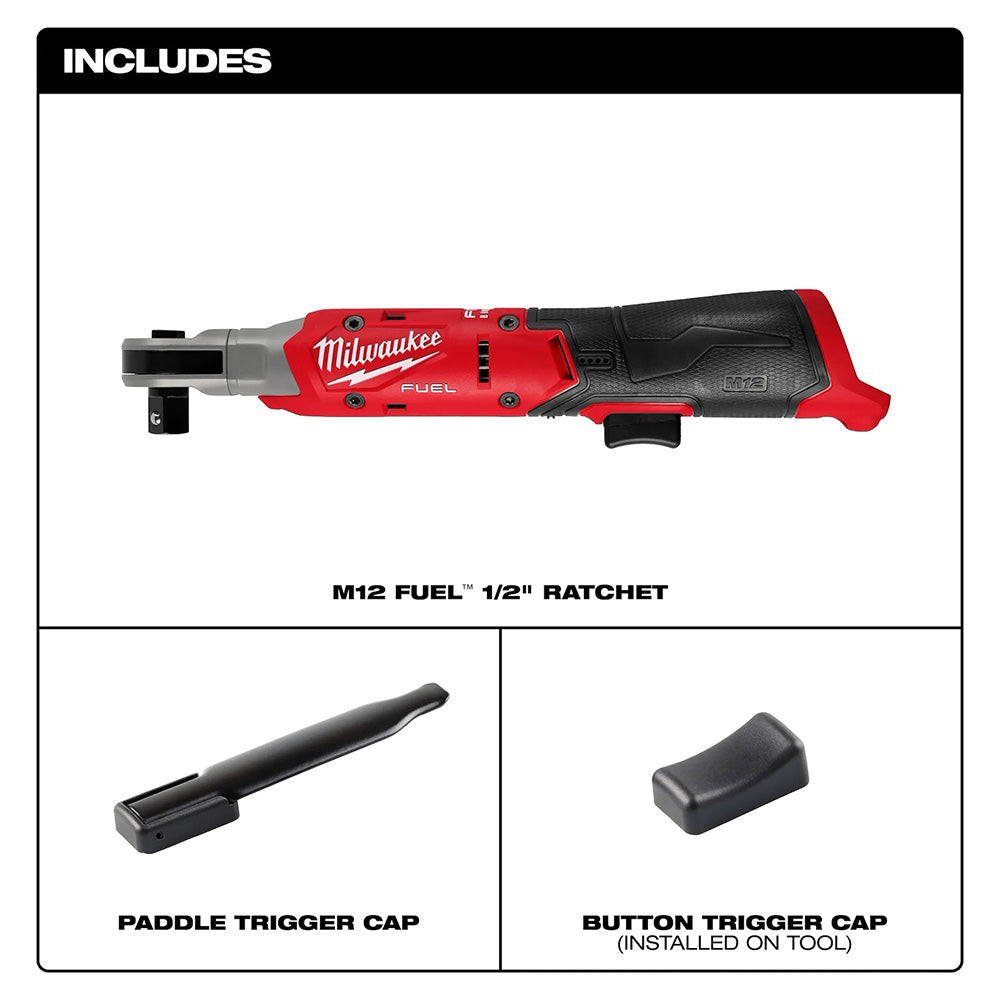 Milwaukee M12 Fuel 1/2" ratchet with paddle and button trigger caps on a white background