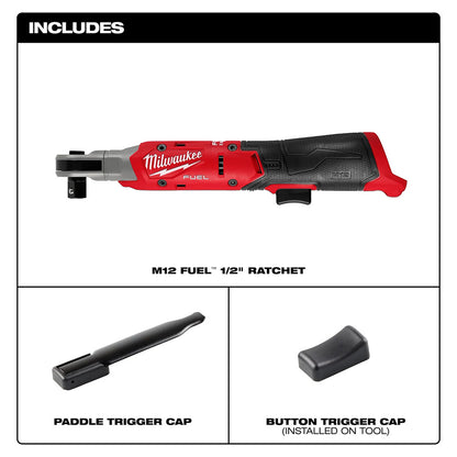 Milwaukee M12 Fuel 1/2" ratchet with paddle and button trigger caps on a white background