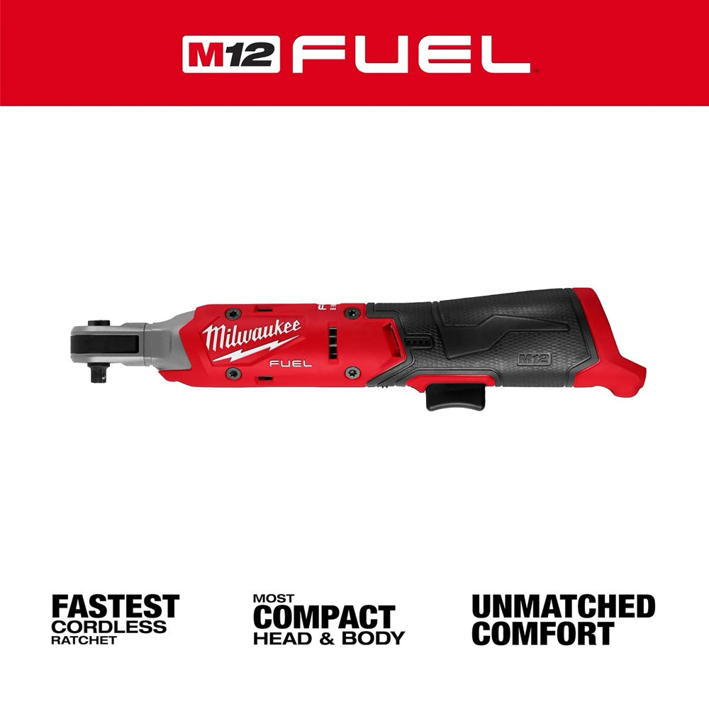 Red Milwaukee M12 FUEL ratchet tool on a white background with branding and feature text.