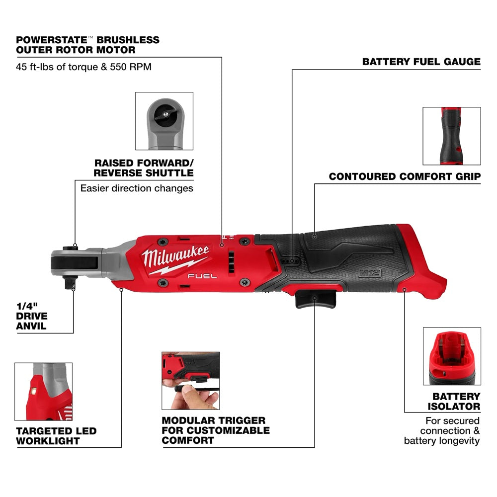 Milwaukee tool with labeled features on a white background