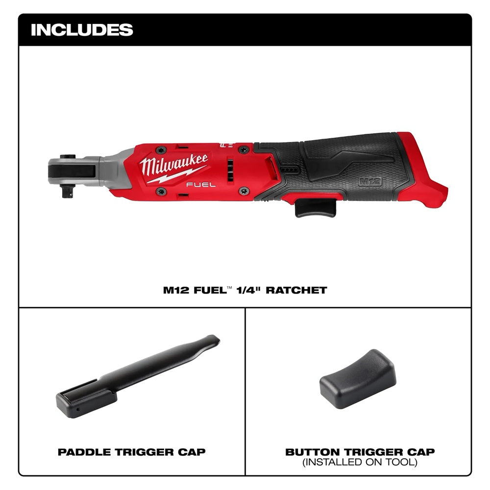 Milwaukee M12 Fuel 1/4" ratchet with paddle and button trigger caps on a white background