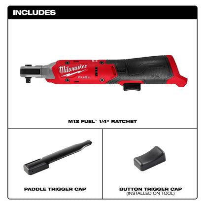Milwaukee M12 Fuel 1/4" ratchet with paddle and button trigger caps on a white background