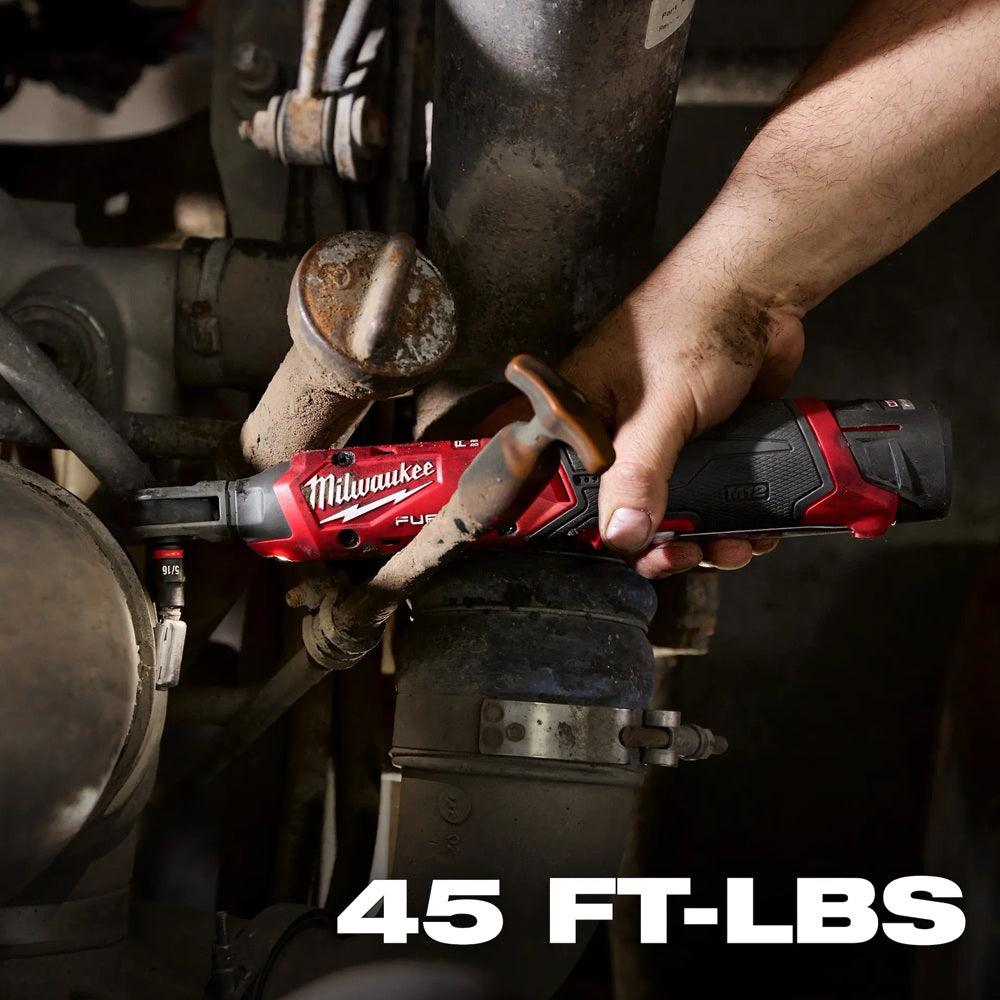 Person using a Milwaukee power drill on mechanical work with '45 FT-LBS' text.