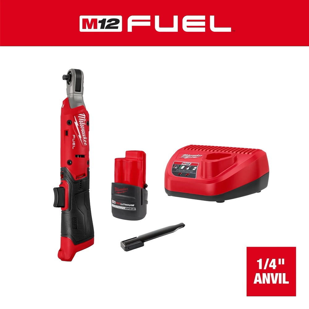 Red Milwaukee M12 FUEL tool with battery and charger on a white background