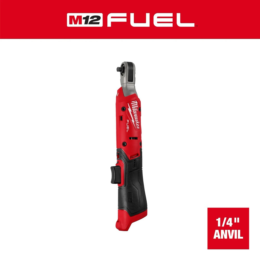Red Milwaukee M12 FUEL ratchet wrench on a white background with 'M12 FUEL' branding.