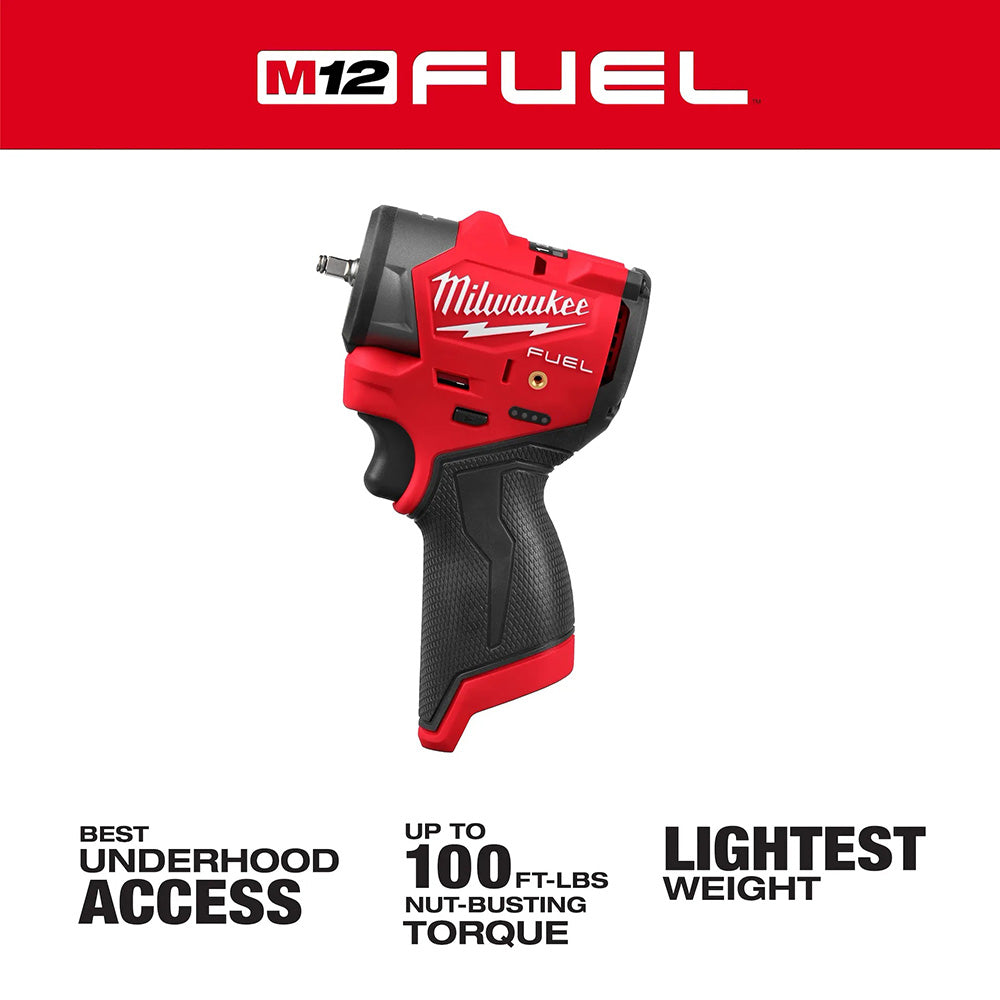 Red Milwaukee M12 FUEL impact wrench on a white background with branding and feature text.