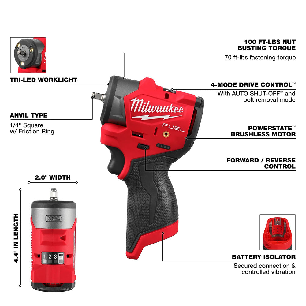 Red Milwaukee tool with features highlighted on a white background
