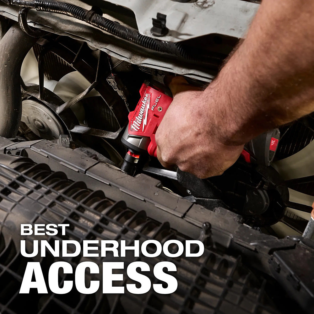 Person using a red power tool on a car's undercarriage with text 'Best Underhood Access'.