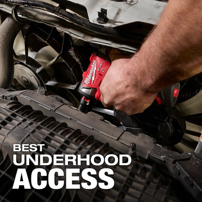 Person using a red power tool on a car's undercarriage with text 'Best Underhood Access'.