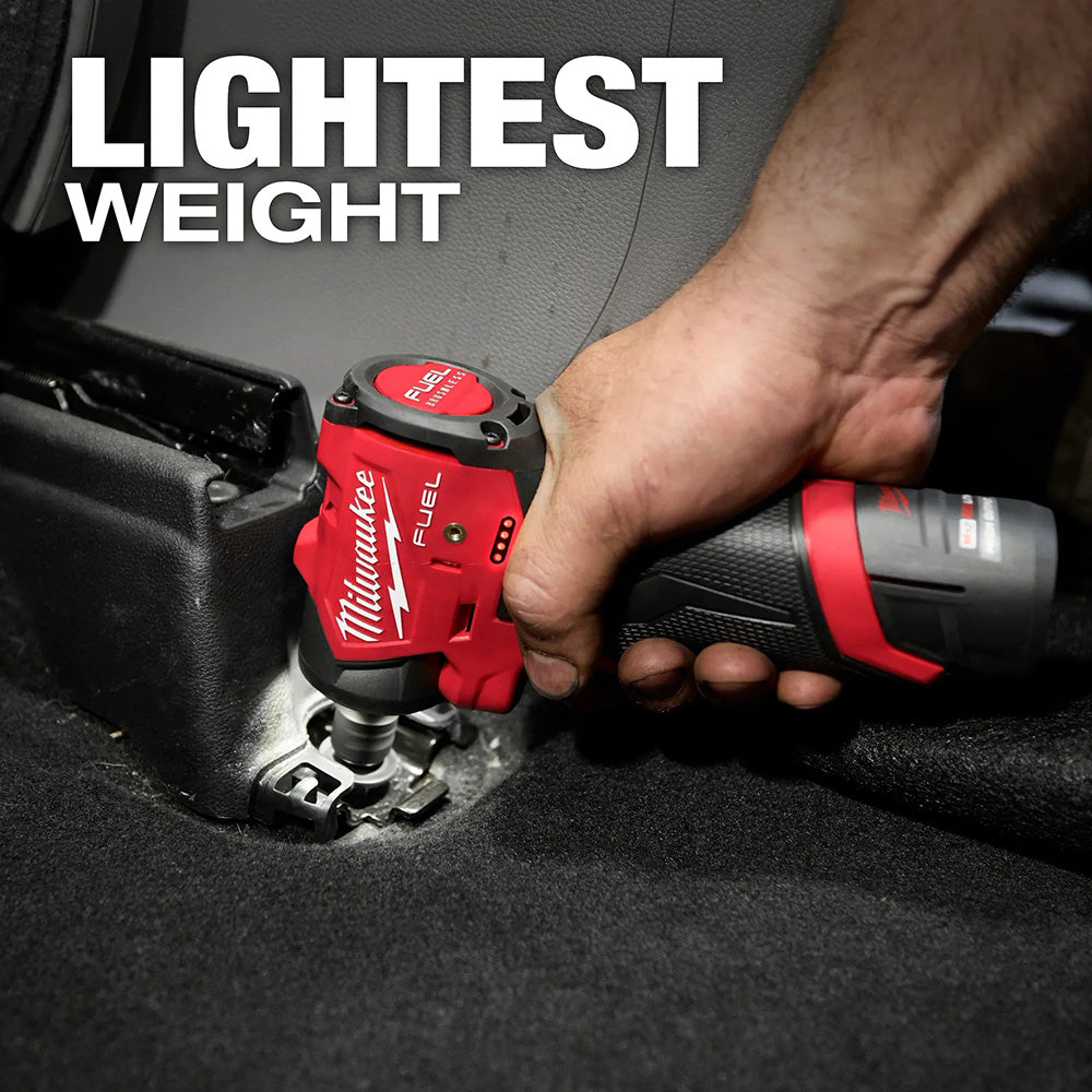 Person using a Milwaukee tool on a car seat with 'LIGHTEST WEIGHT' text above.