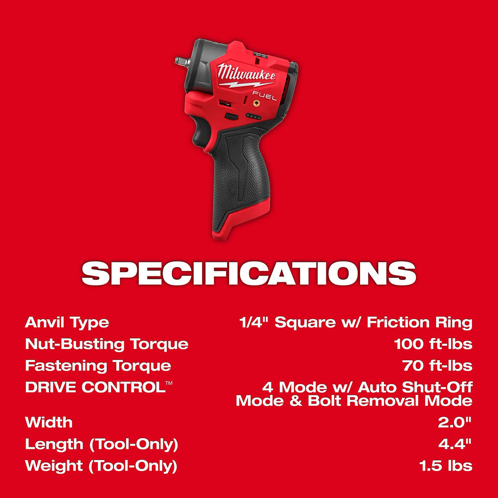 Milwaukee tool on a red background with specifications listed.