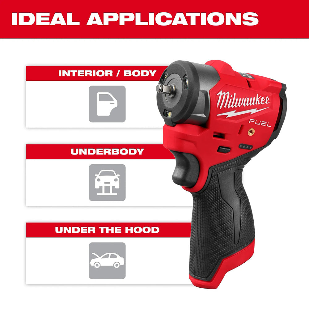 Red Milwaukee tool with text indicating ideal applications on a white background