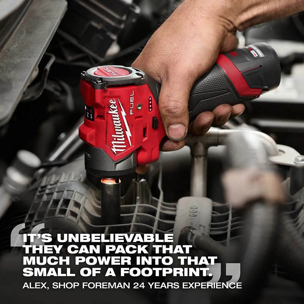 Hand holding a Milwaukee power drill with text about its power and design.