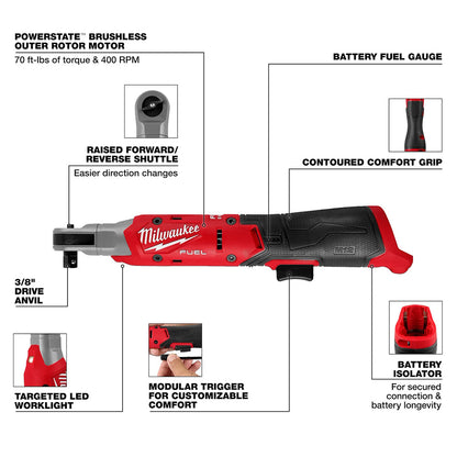 M12 FUEL™ 3/8" Ratchet with labeled features on a white background