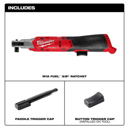 Milwaukee M12 Fuel 3/8" ratchet with paddle and button trigger caps on a white background