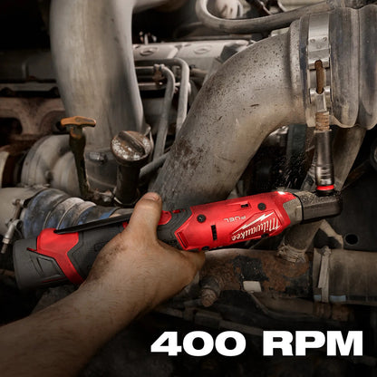 Hand using a Milwaukee tool on engine components with '400 RPM' text.