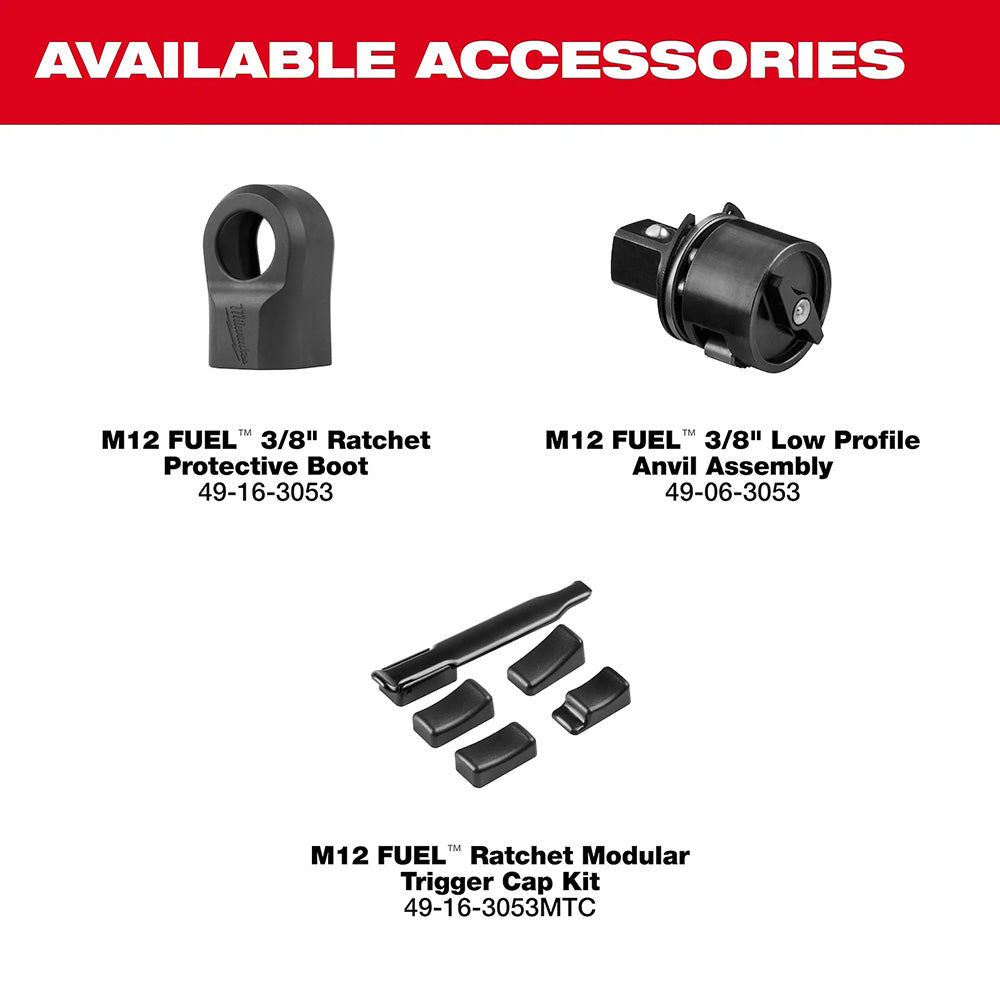 List of available accessories for M12 FUEL tools on a white background with red banner.