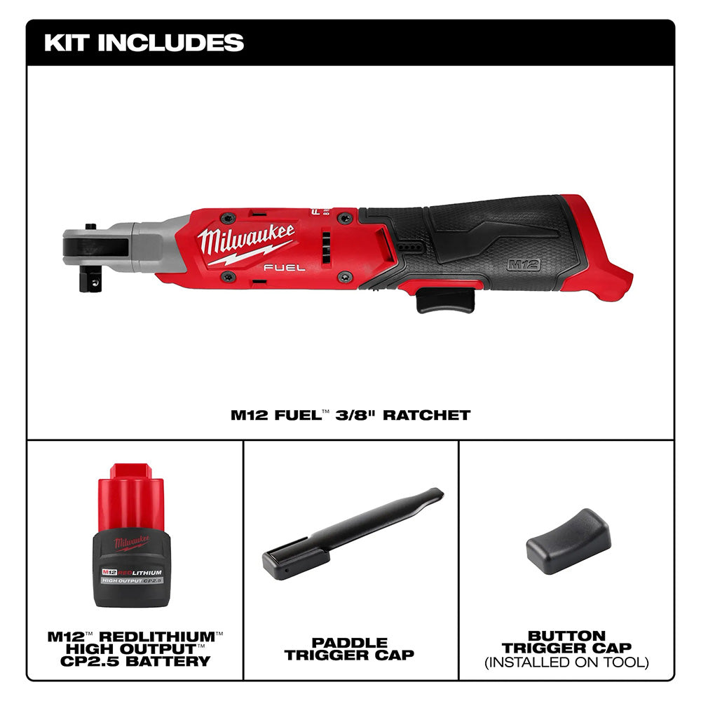 Milwaukee tool kit with M12 Fuel 3/8 ratchet and battery components on a white background.