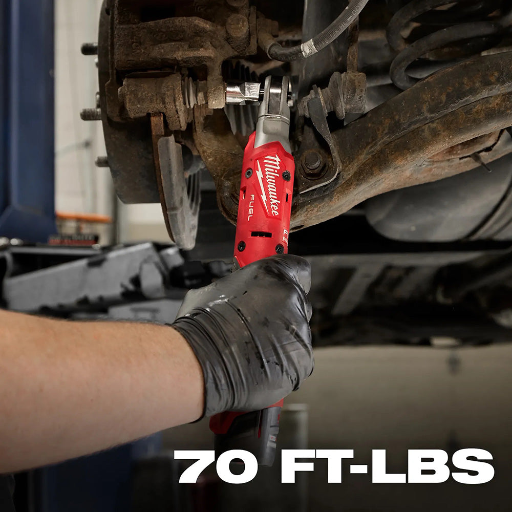 Person using a Milwaukee tool on a vehicle's brake system with '70 FT-LBS' text.