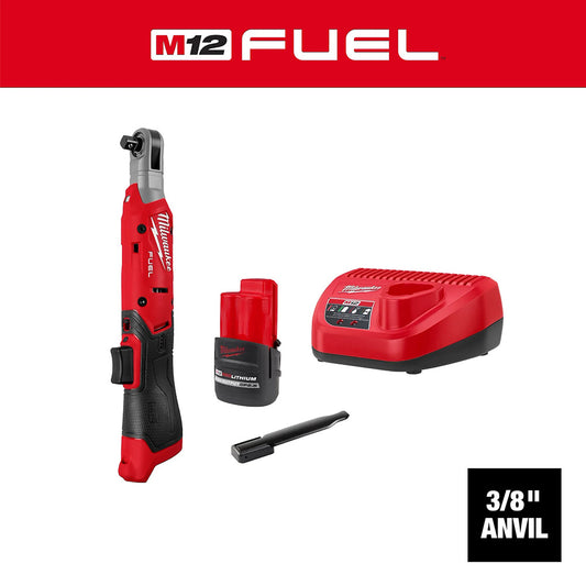Red Milwaukee M12 FUEL tool with battery and charger on a white background