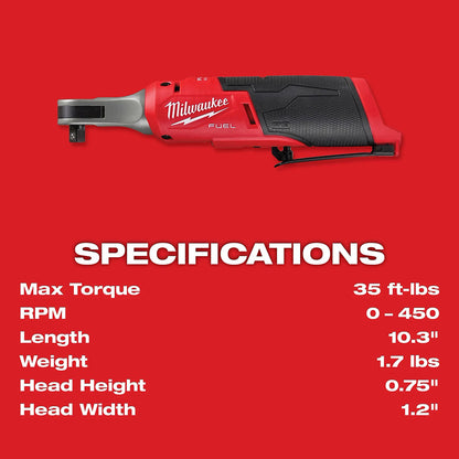 Milwaukee tool on a red background with specifications listed.