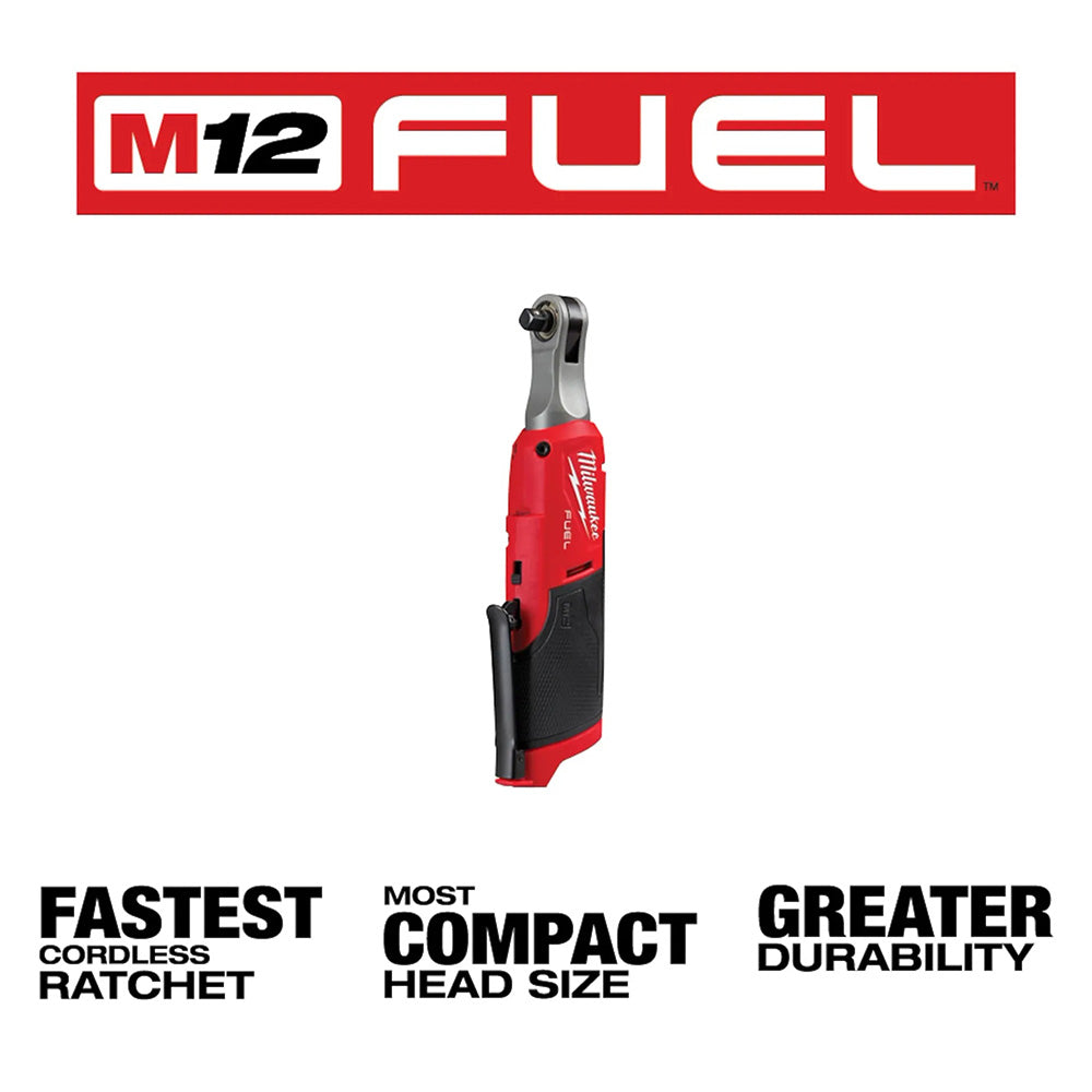 Red and black cordless ratchet tool with M12 FUEL branding on a white background.