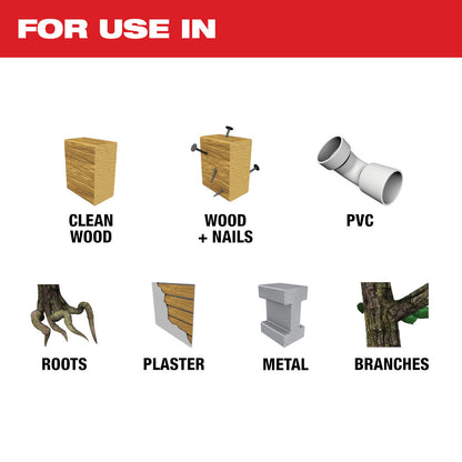 For use in Clean Wood, Wood + Nails, PVC, Roots, Plaster, Metal, Branches