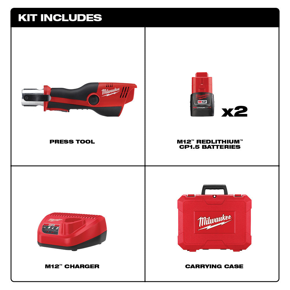 Kit includes Press Tool, M12 Charger, Carrying Cast and 2 Redlithium  Cp 1.5 Batteries