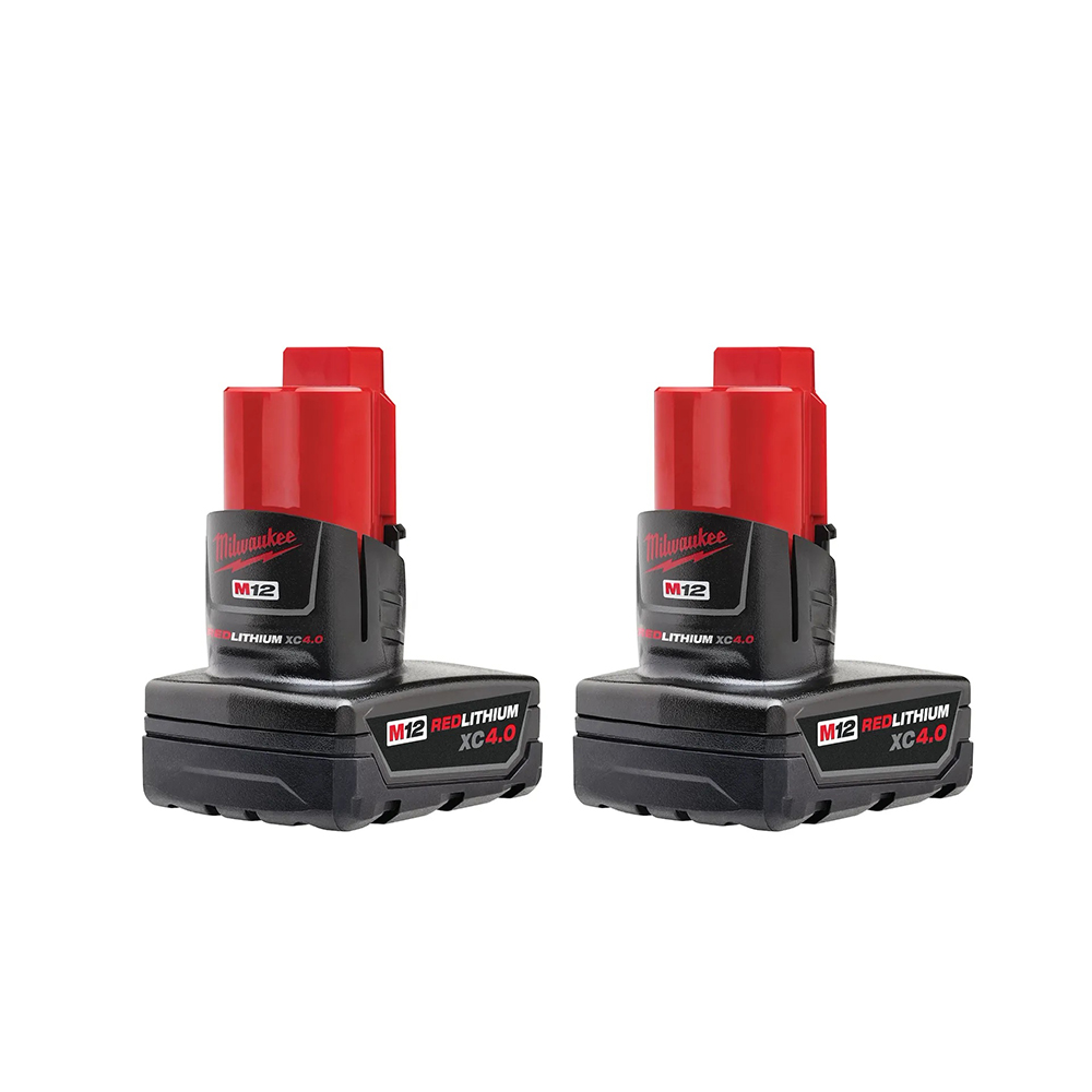 Two Milwaukee M12 lithium-ion batteries on a white background