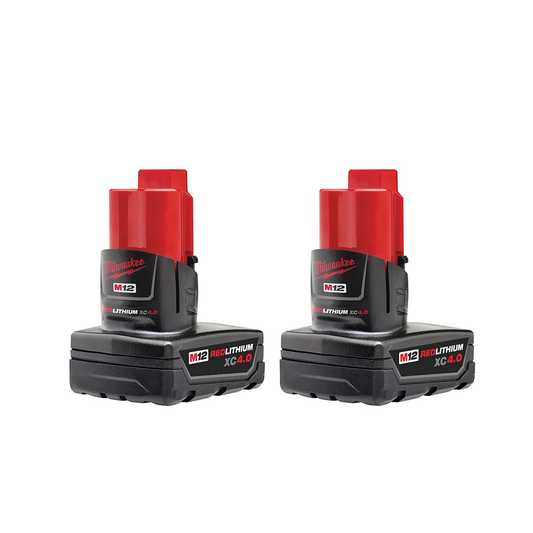 Two Milwaukee M12 lithium-ion batteries on a white background