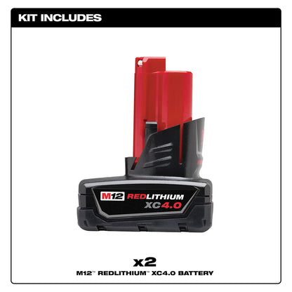 Red and black M12 RedLithium XC4.0 battery on a white background