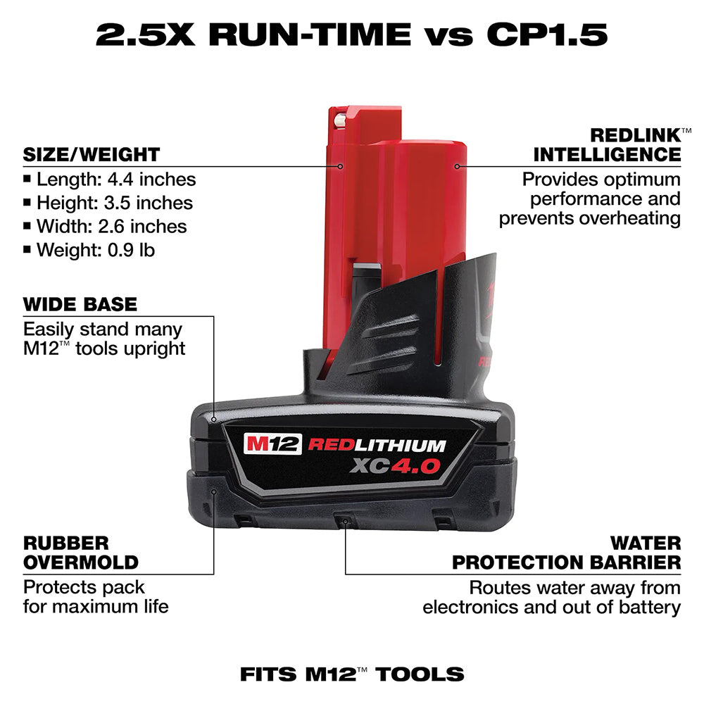 Red lithium-ion battery pack with features highlighted on a white background