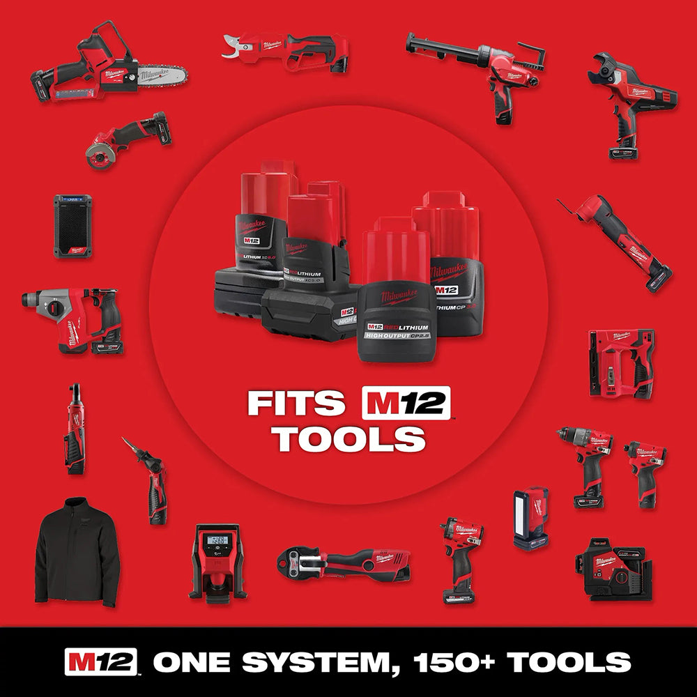 Milwaukee M12 tool batteries and tools on a red background with 'FITS M12 TOOLS' text.