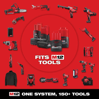 Milwaukee M12 tool batteries and tools on a red background with 'FITS M12 TOOLS' text.