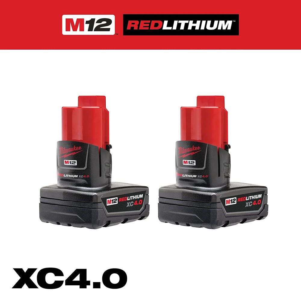 Two Milwaukee M12 RedLithium XC4.0 batteries on a white background with red and black branding.
