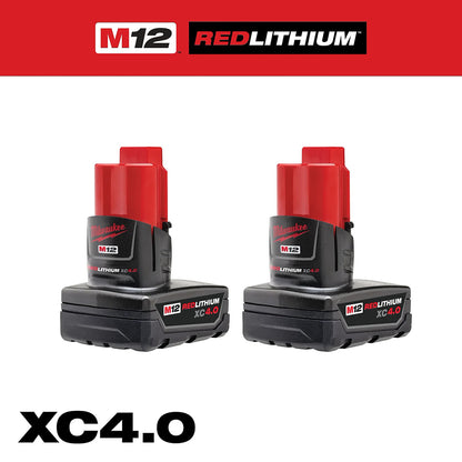 Two Milwaukee M12 RedLithium XC4.0 batteries on a white background with red and black branding.
