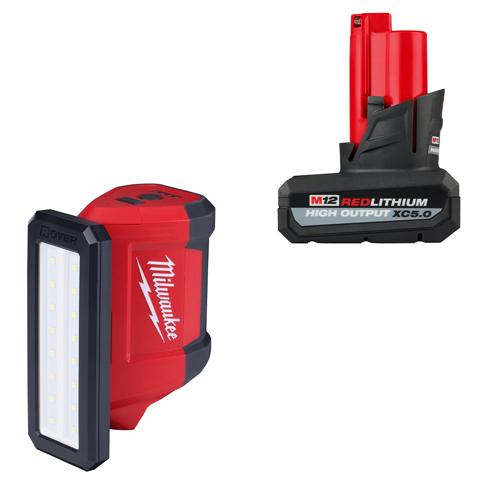 Red and black Milwaukee tool light and battery pack on a white background