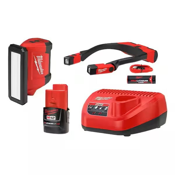 Milwaukee tool kit with various tools on a white background