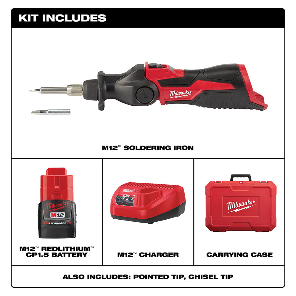 Kit includes M12 Soldering Iron, M12 Redlithium Cp1.5 Battery, 12 Charger, Carrying Case