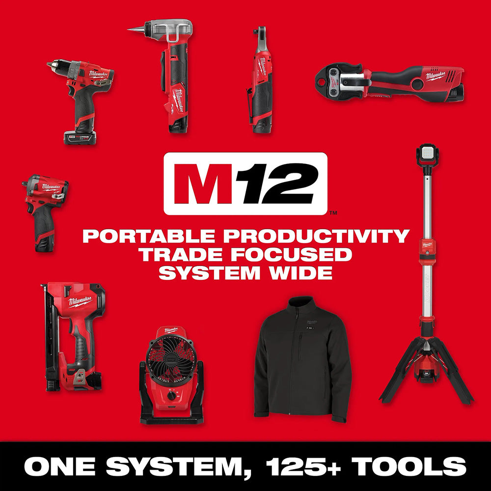 Milwaukee M12 tool set on a red background with tools and a jacket displayed.