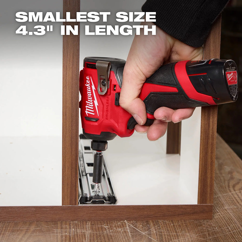 Person using a Milwaukee power tool on wooden furniture with text indicating size.