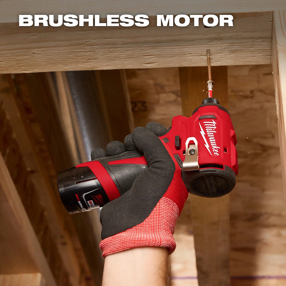 Person using a Milwaukee cordless drill on wooden panels with 'Brushless Motor' text above.